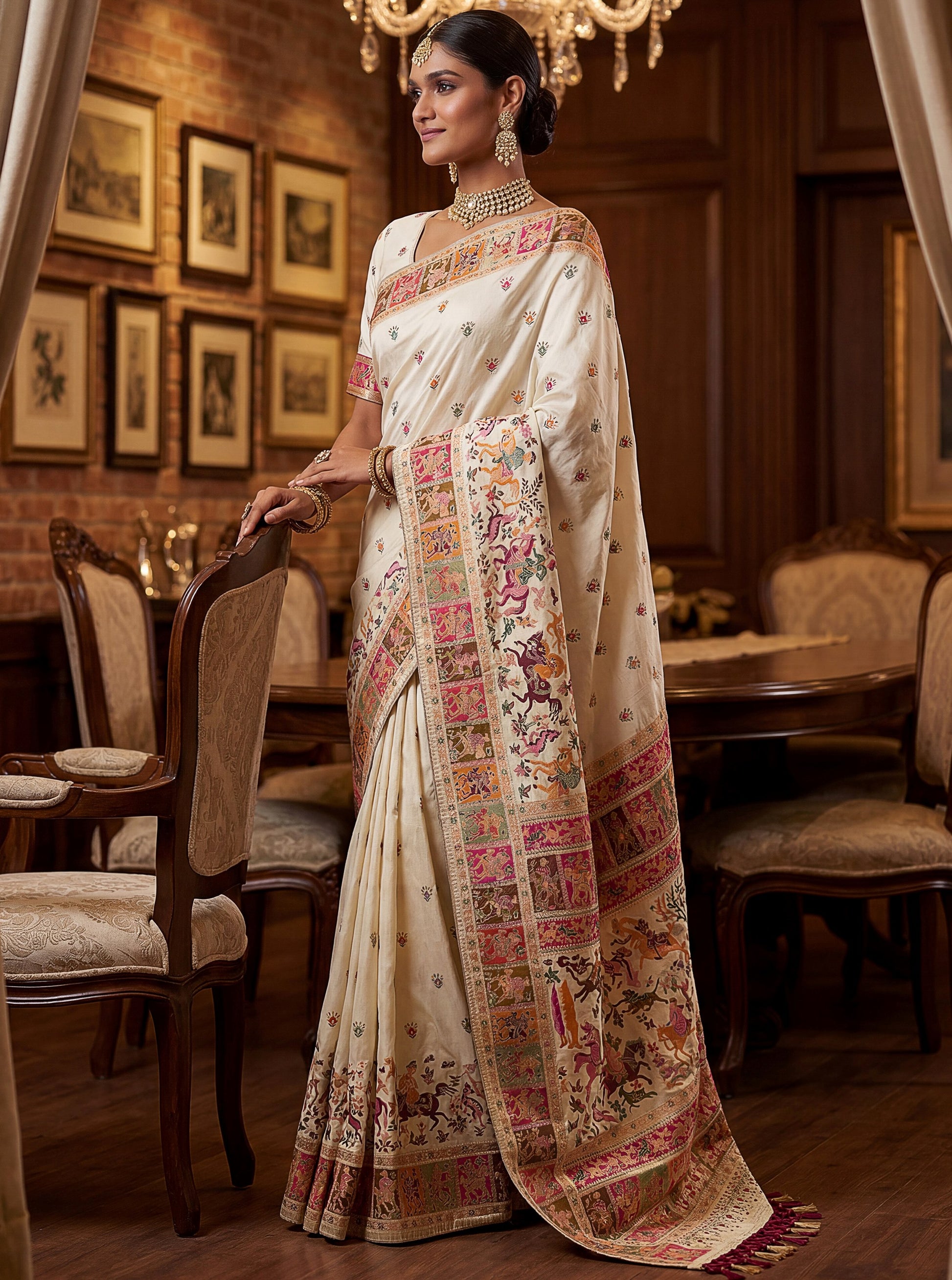 Awesome Off- White Zari Weaving Silk Wedding Wear Saree With Blouse