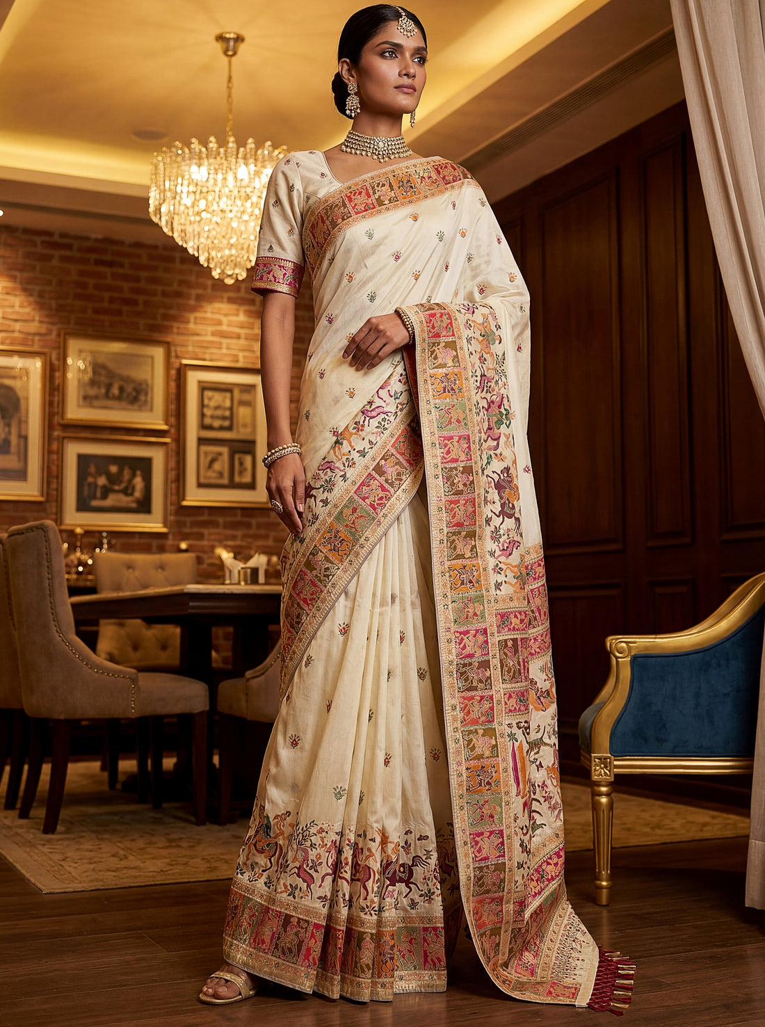 Awesome Off- White Zari Weaving Silk Wedding Wear Saree With Blouse