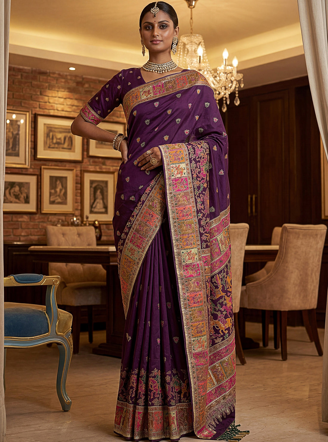 Attractive Purple  Zari Work Silk Festival Wear Saree With Blouse