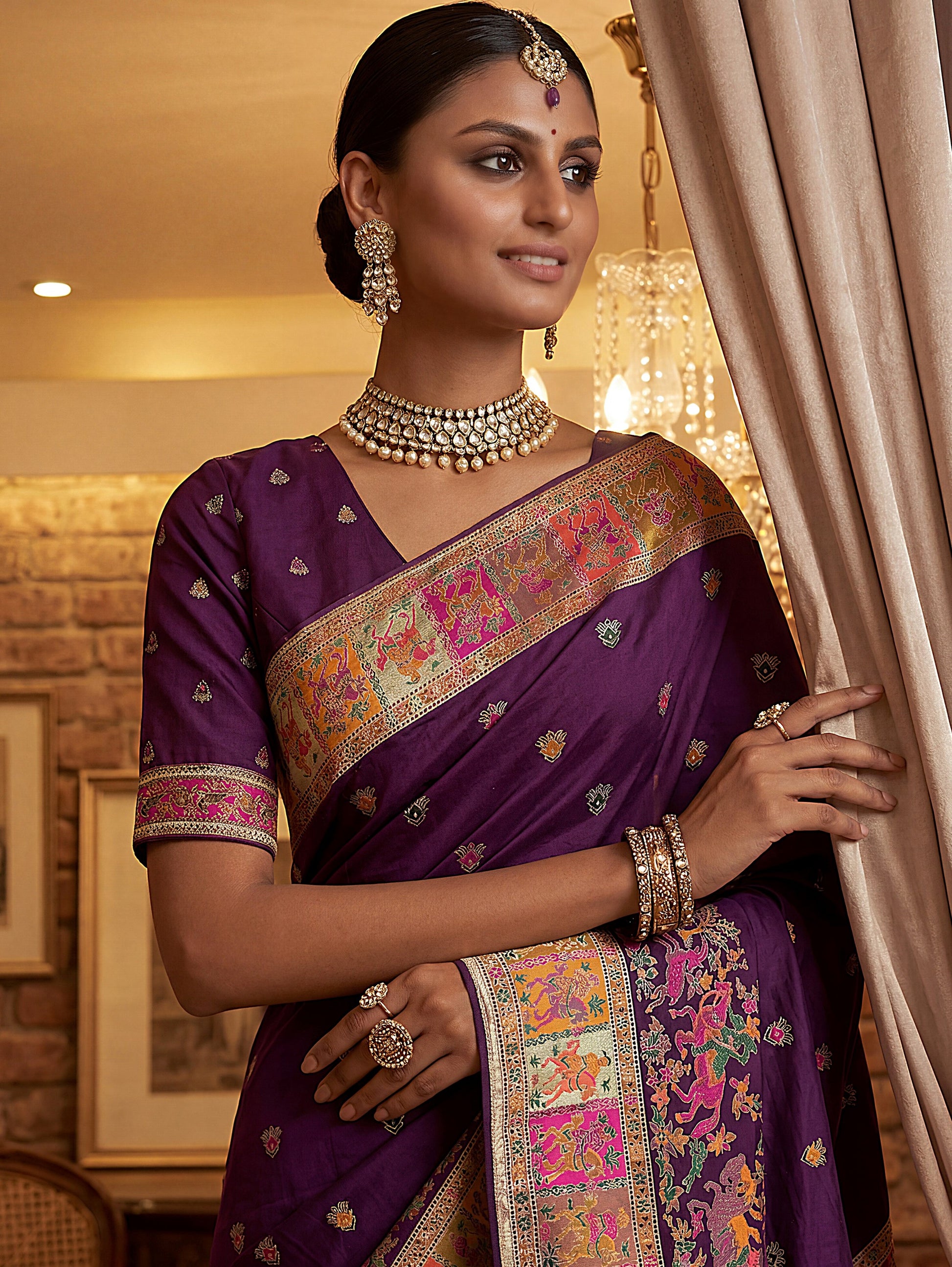 Attractive Purple  Zari Work Silk Festival Wear Saree With Blouse