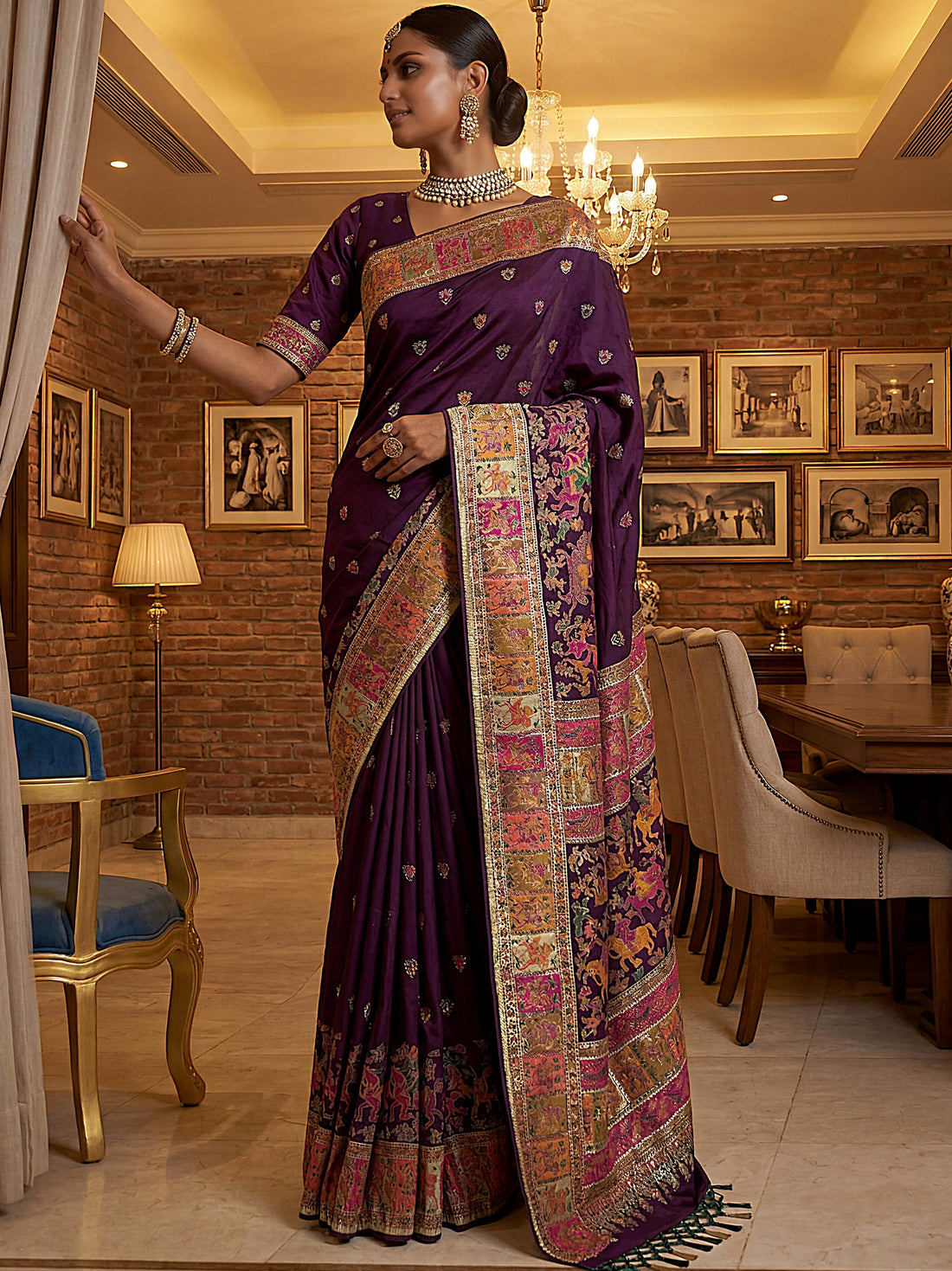 Attractive Purple  Zari Work Silk Festival Wear Saree With Blouse