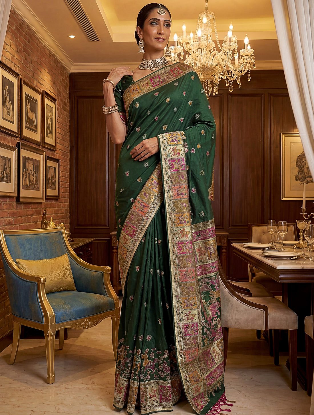 Charming Green  Zari Work Silk Traditional Wear Saree With Blouse