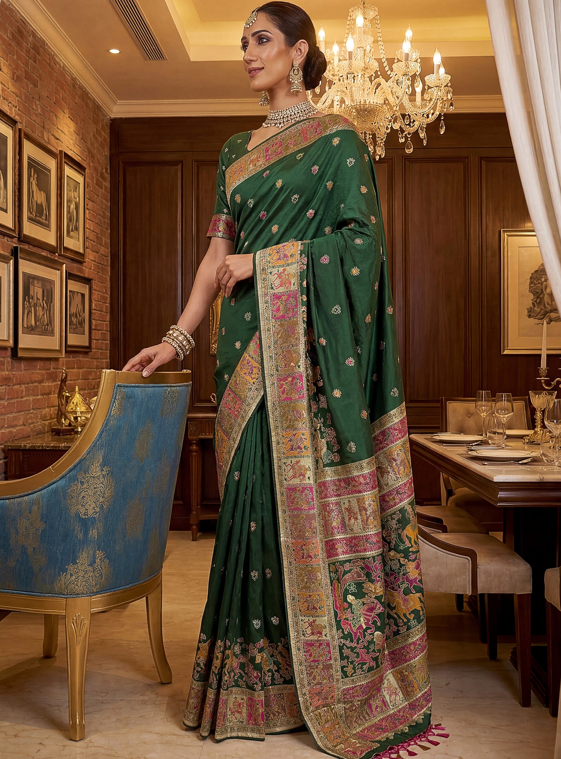 Charming Green  Zari Work Silk Traditional Wear Saree With Blouse