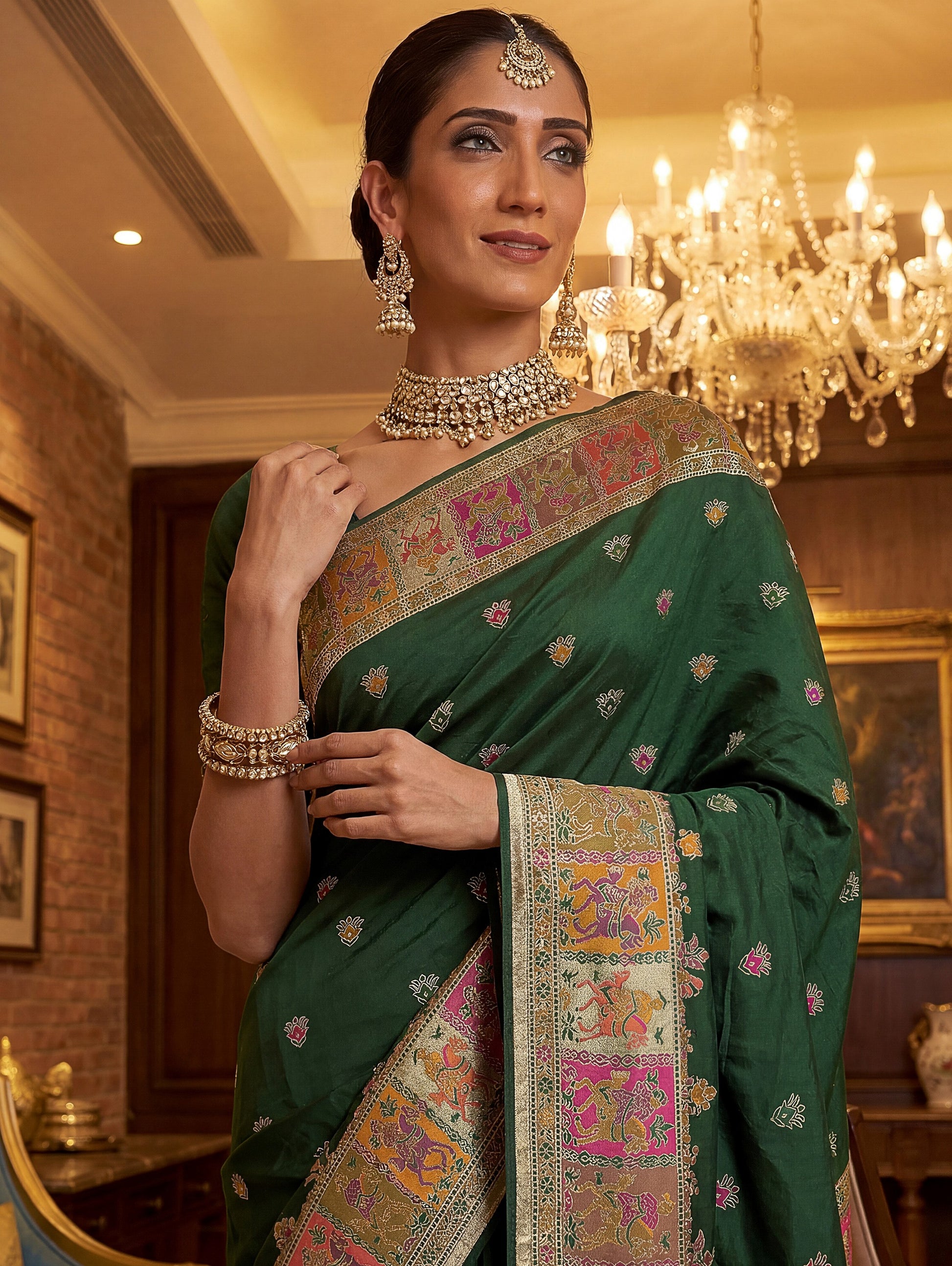 Charming Green  Zari Work Silk Traditional Wear Saree With Blouse