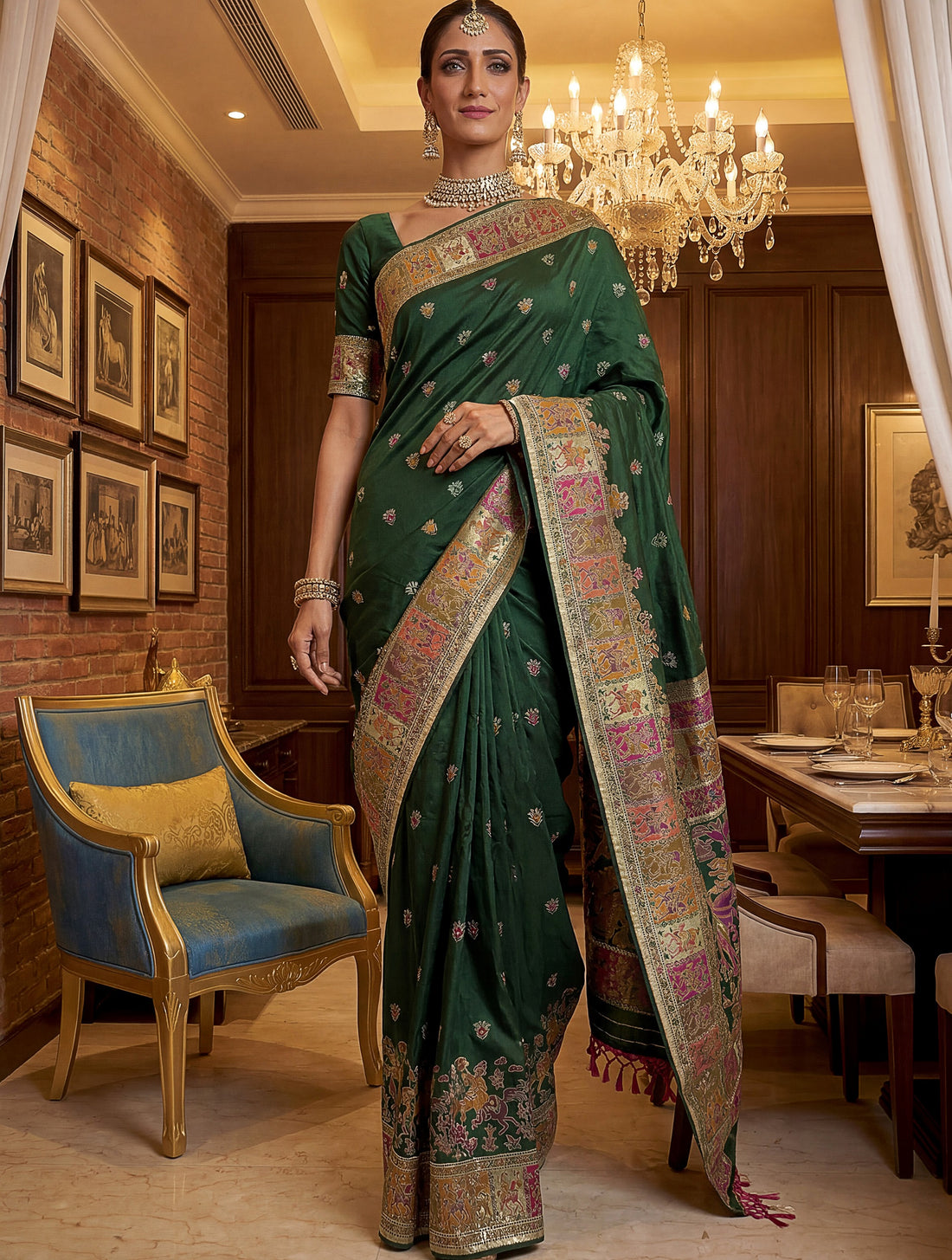 Charming Green  Zari Work Silk Traditional Wear Saree With Blouse
