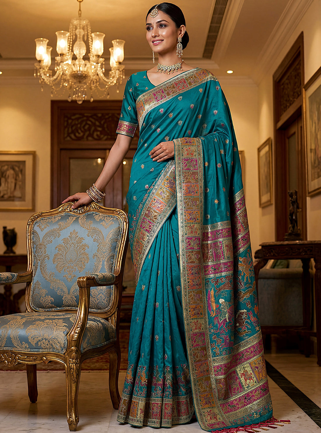 Precious Teal Blue Zari Work Silk Wedding Wear Saree With Blouse