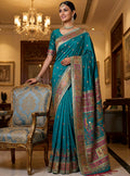 Precious Teal Blue Zari Work Silk Wedding Wear Saree With Blouse