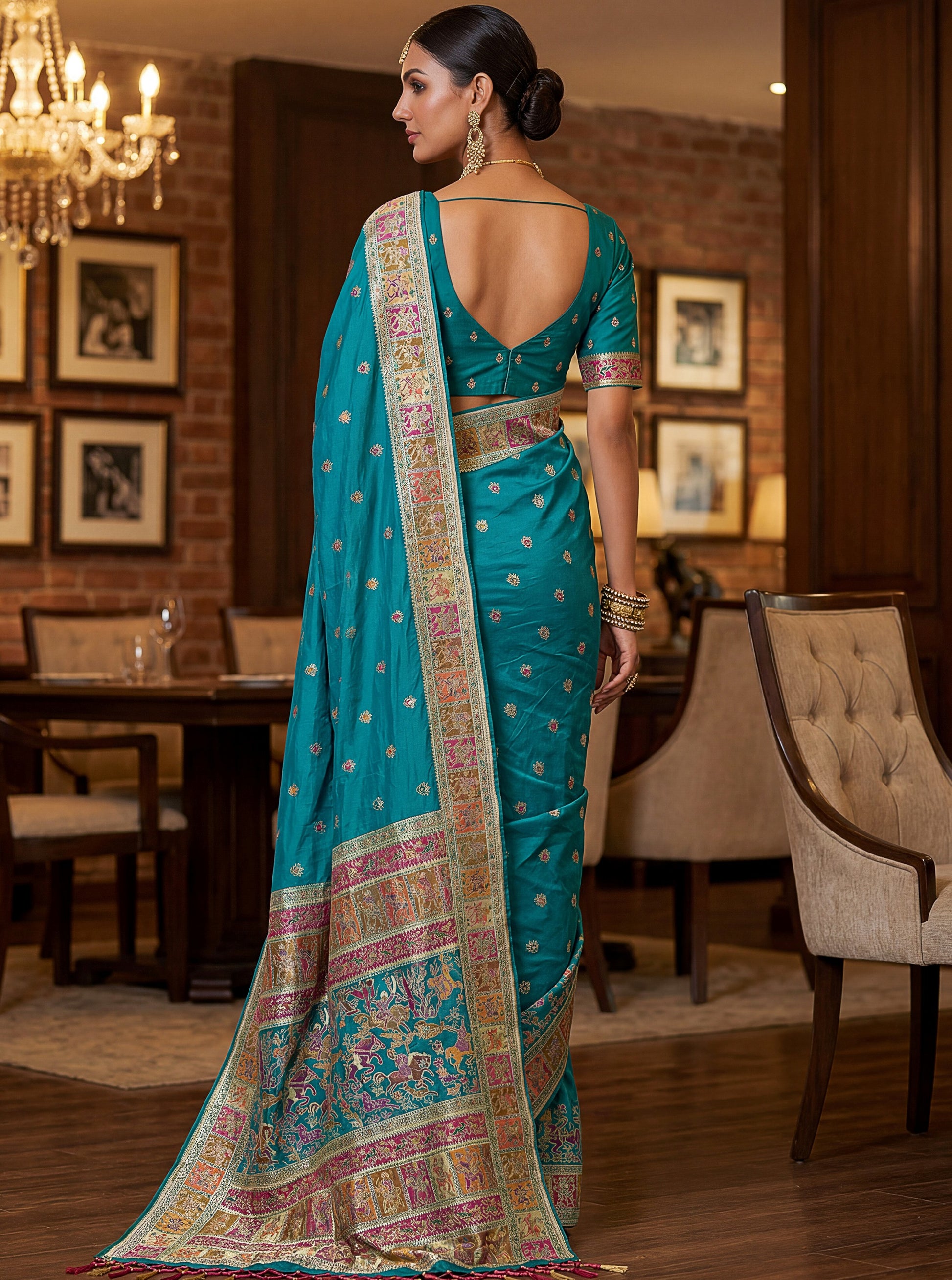 Precious Teal Blue Zari Work Silk Wedding Wear Saree With Blouse
