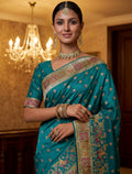 Precious Teal Blue Zari Work Silk Wedding Wear Saree With Blouse