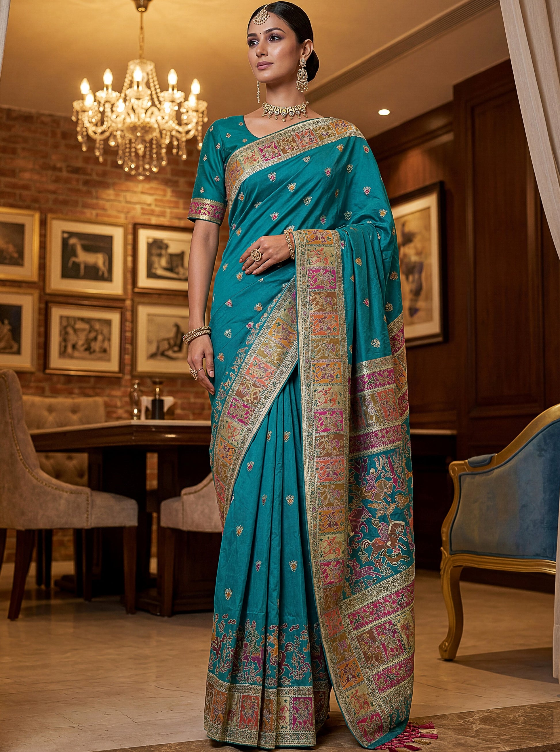 Precious Teal Blue Zari Work Silk Wedding Wear Saree With Blouse