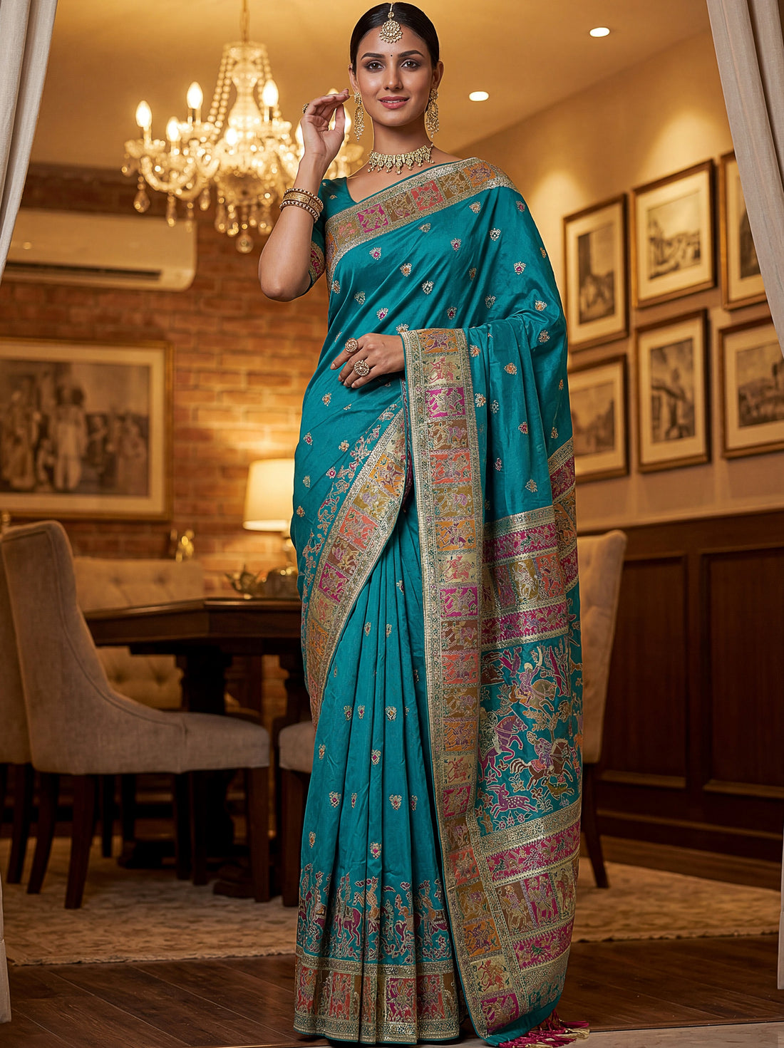 Precious Teal Blue Zari Work Silk Wedding Wear Saree With Blouse