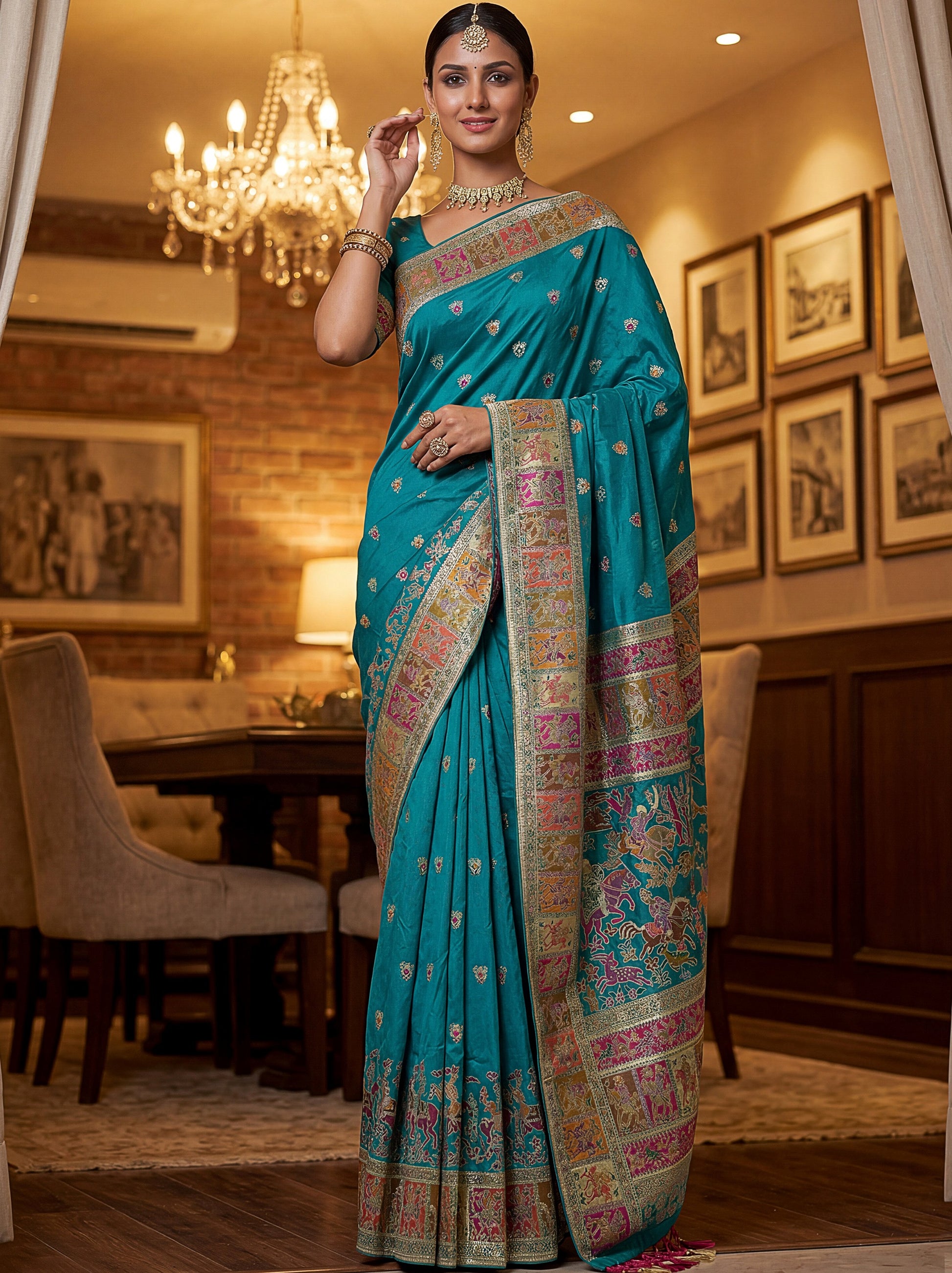 Precious Teal Blue Zari Work Silk Wedding Wear Saree With Blouse