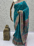 Precious Teal Blue Zari Work Silk Wedding Wear Saree With Blouse