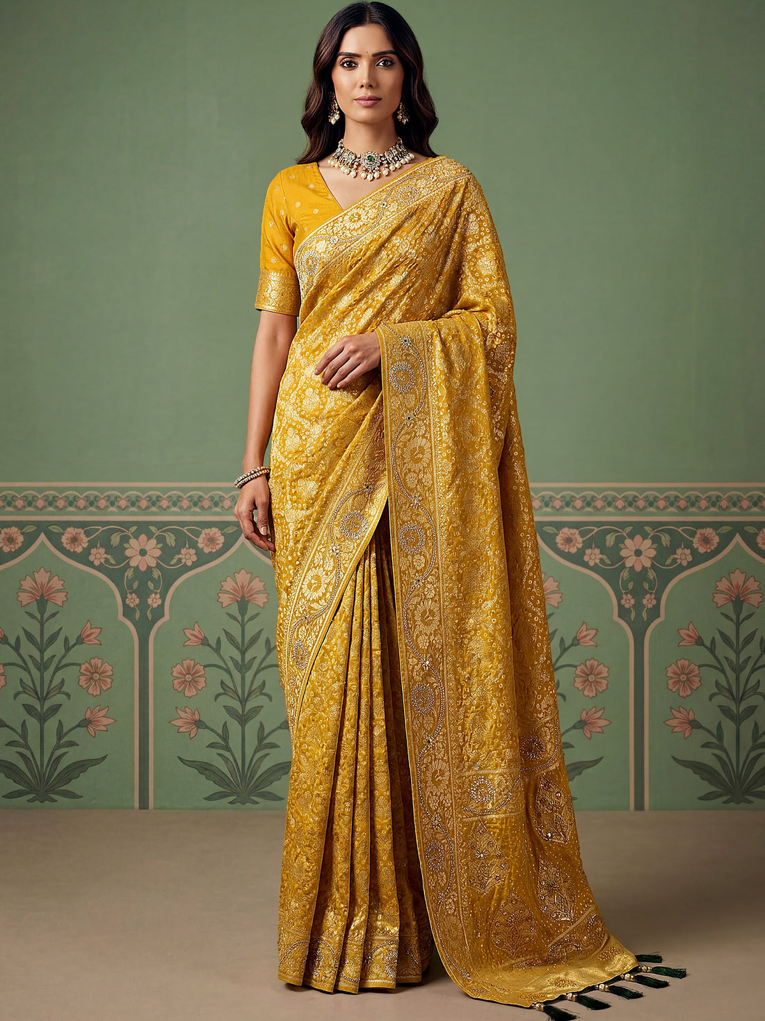 Wonderful Mustard Yellow Zari Work Silk Wedding Wear Saree With Blouse