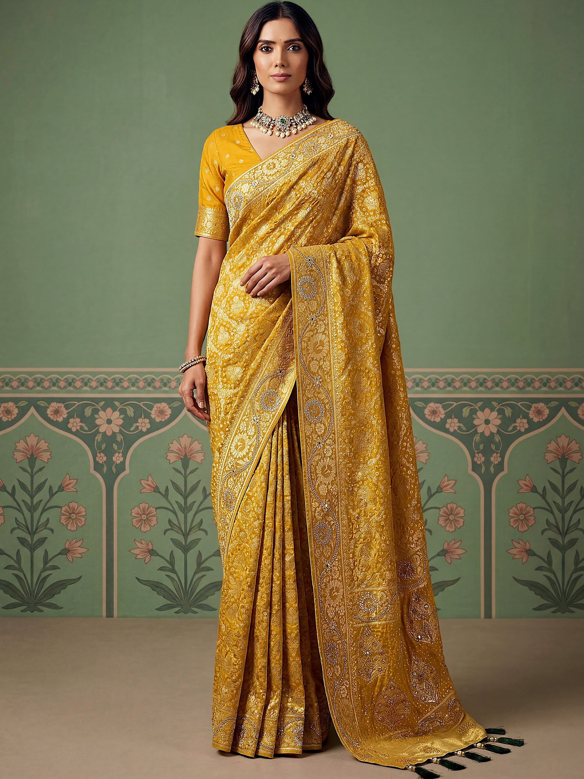 Wonderful Mustard Yellow Zari Work Silk Wedding Wear Saree With Blouse