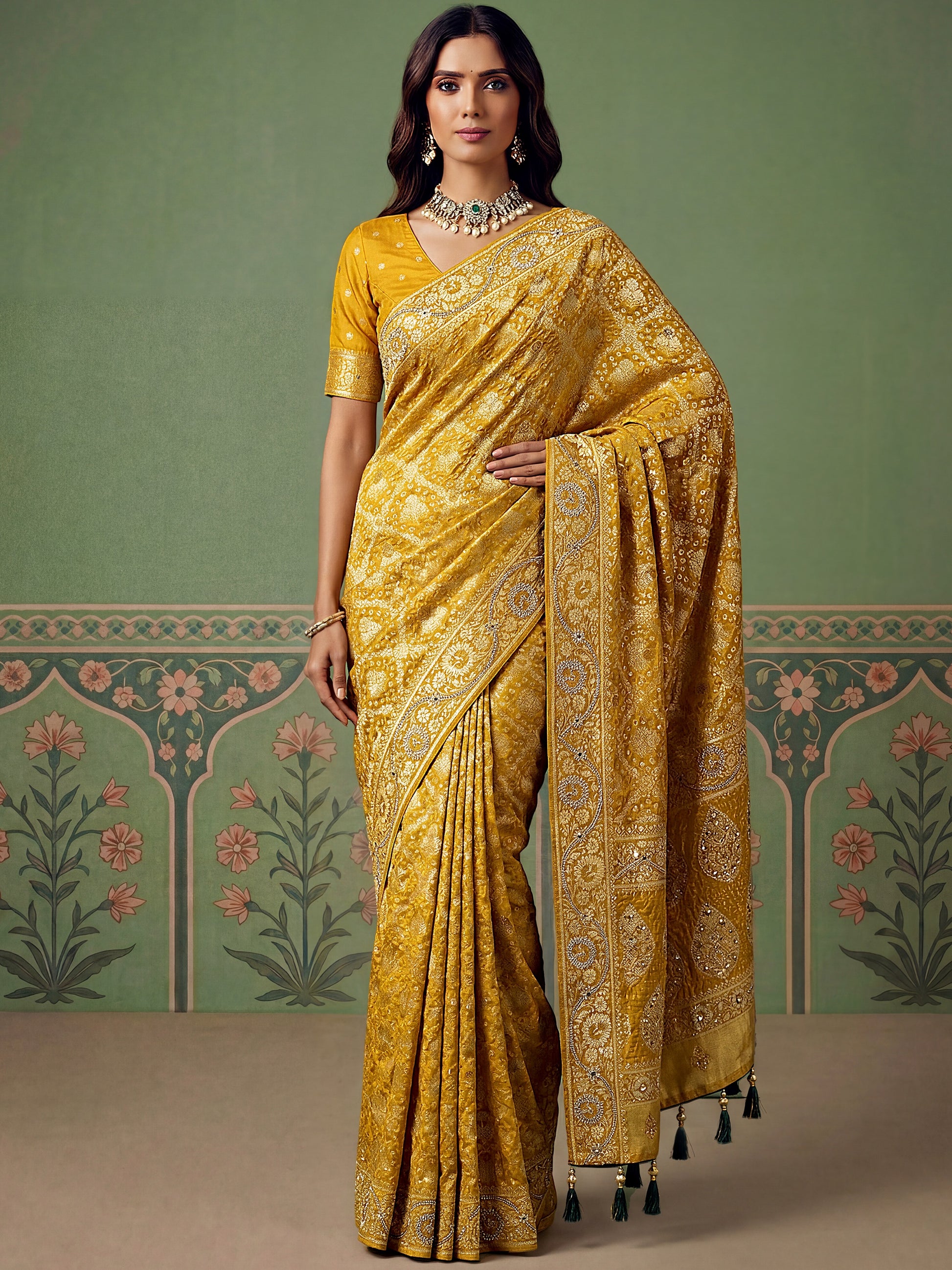 Wonderful Mustard Yellow Zari Work Silk Wedding Wear Saree With Blouse