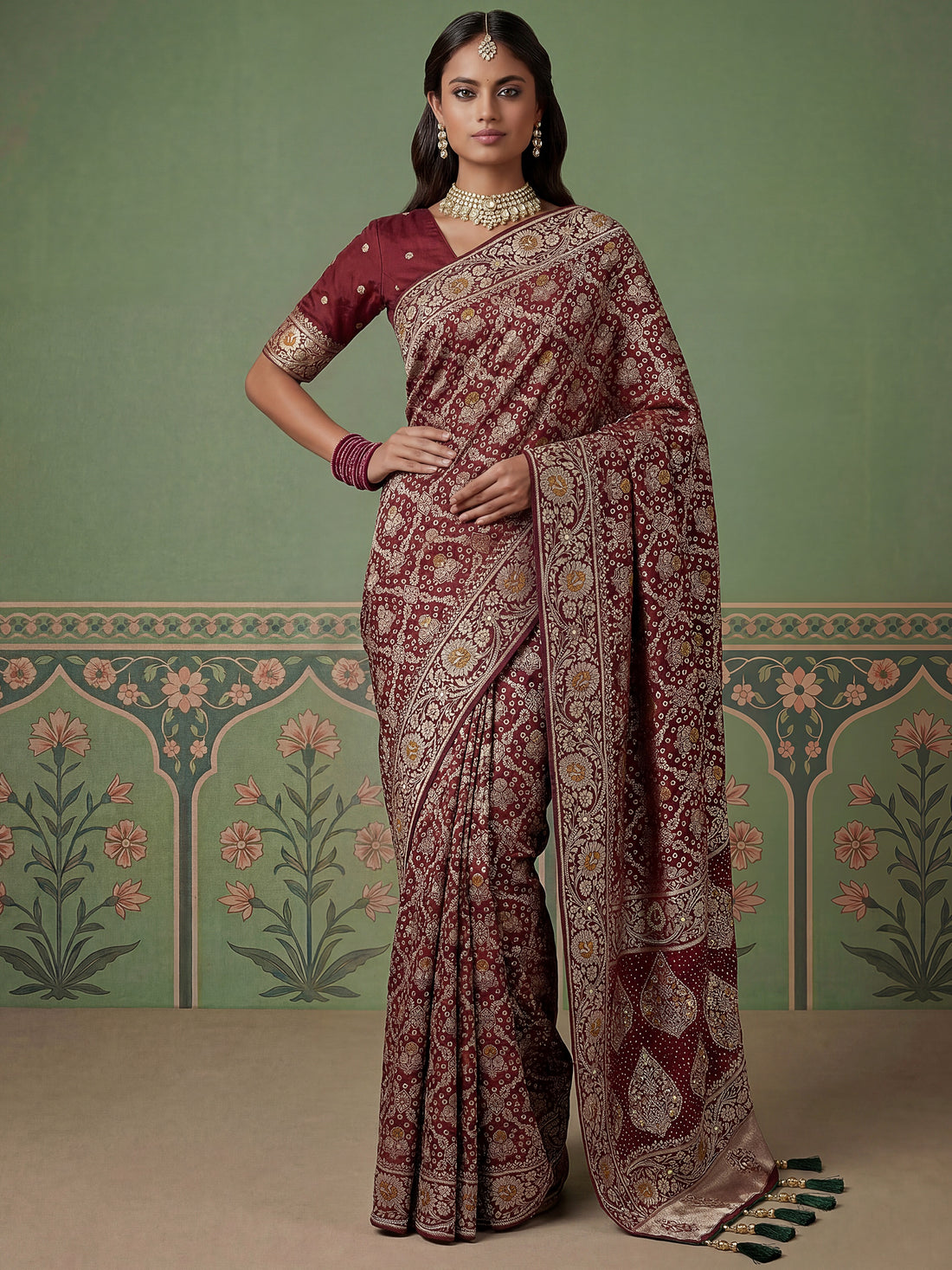 Captivating Wine Banarasi Work Silk Wedding Wear Saree With Blouse
