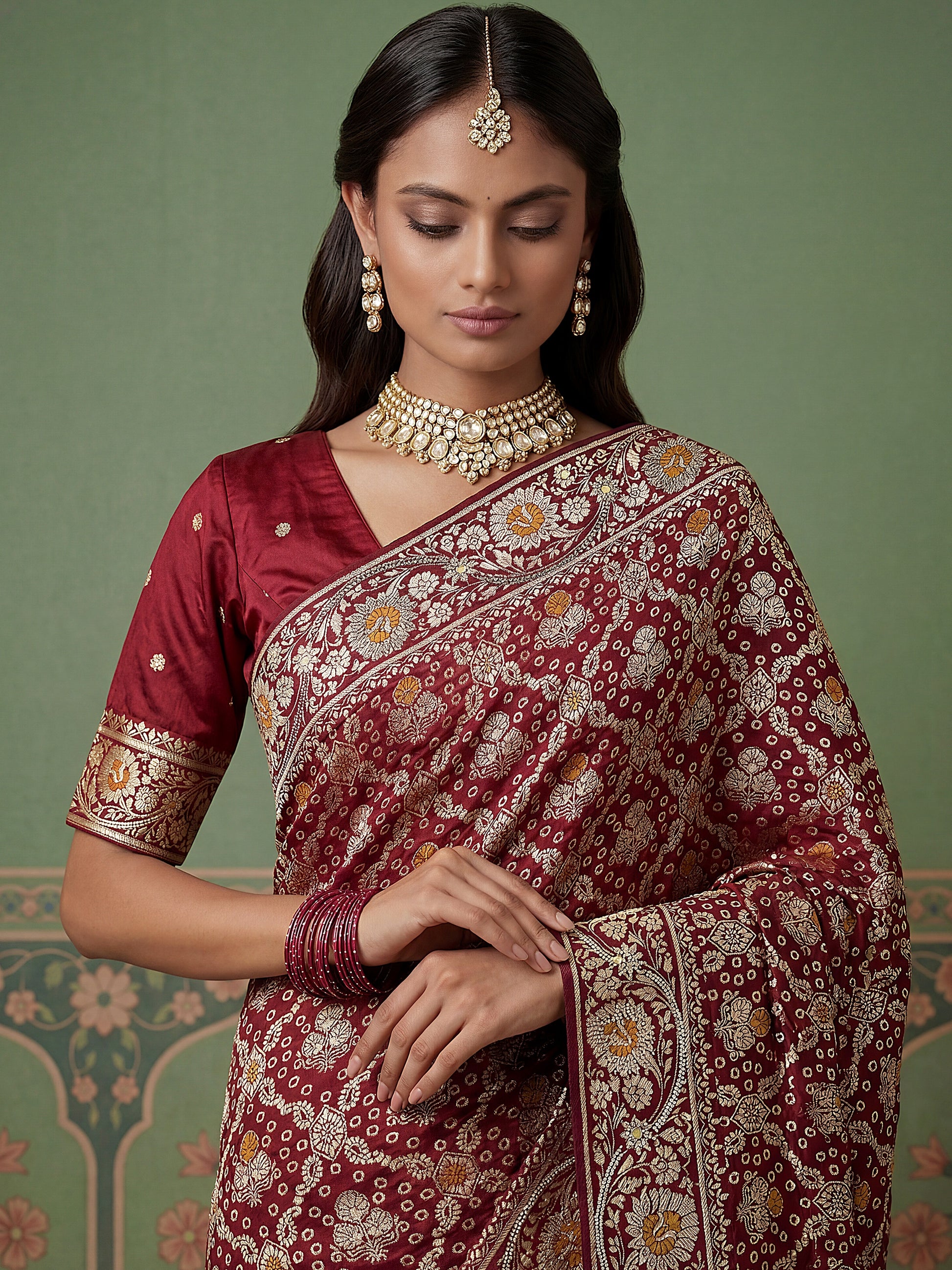 Captivating Marron Banarasi Work Silk Wedding Wear Saree With Blouse