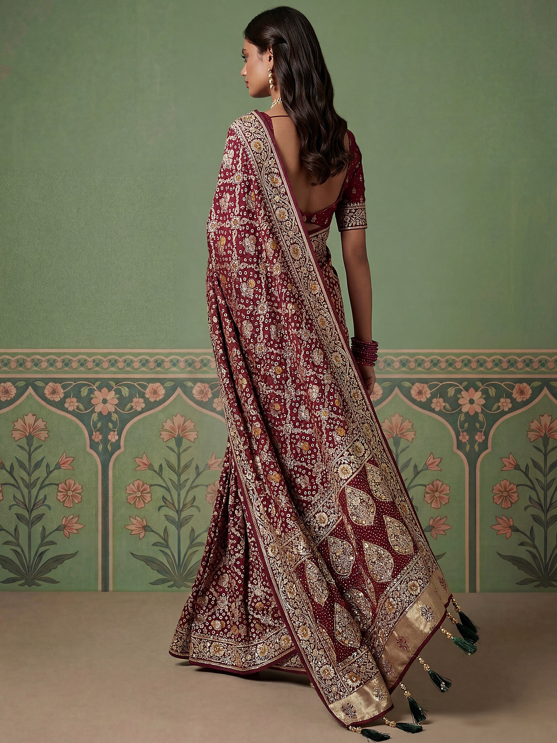Captivating Marron Banarasi Work Silk Wedding Wear Saree With Blouse