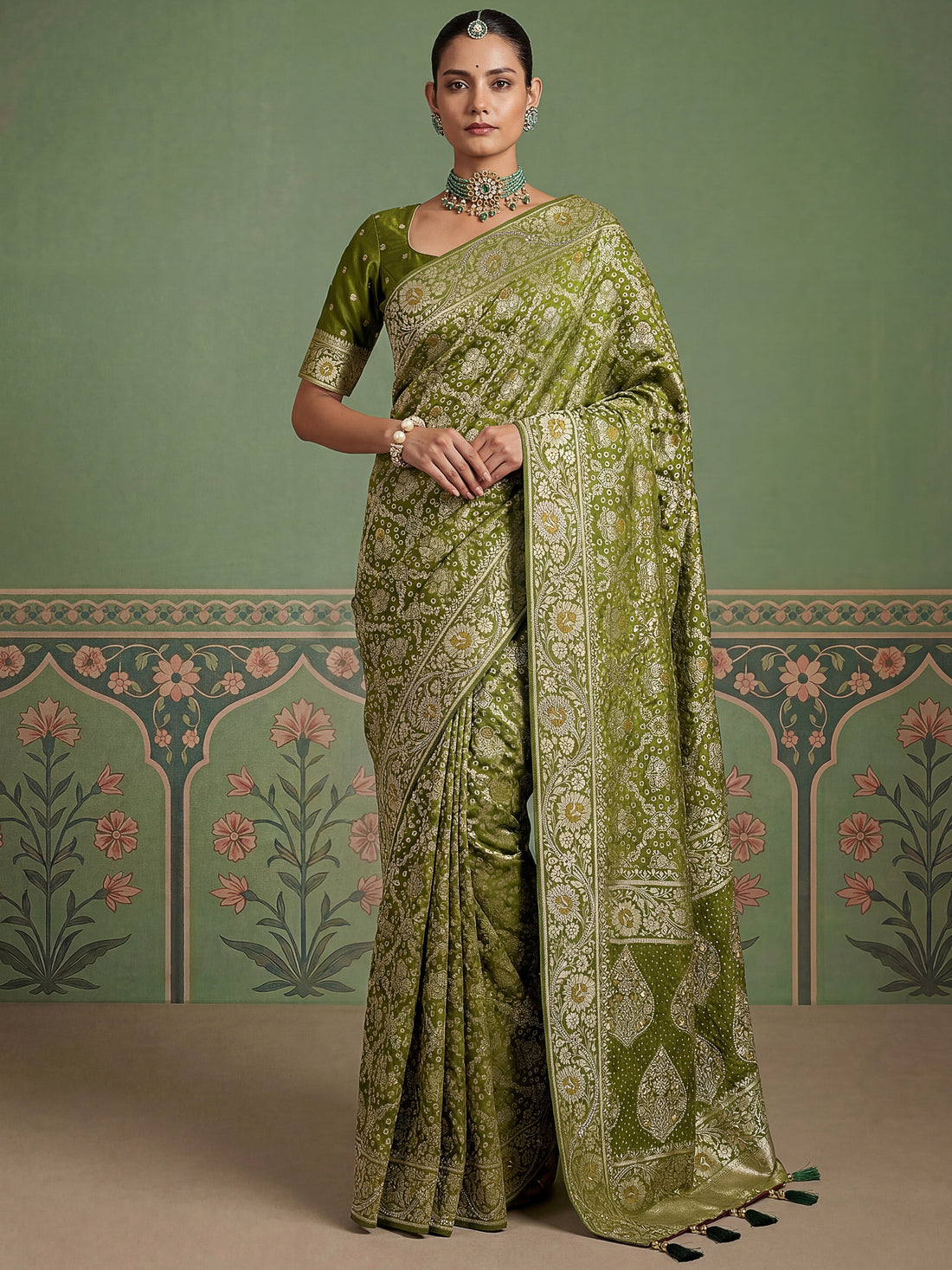 Glowing Olive Green Zari Weaving Silk Festival Wear  Saree with Blouse