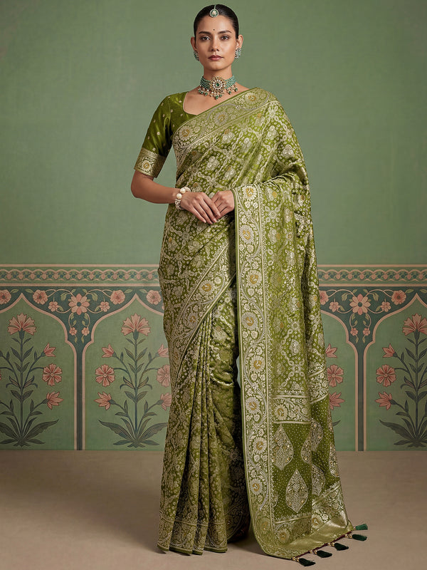 Glowing Olive Green Zari Weaving Silk Festival Wear  Saree with Blouse