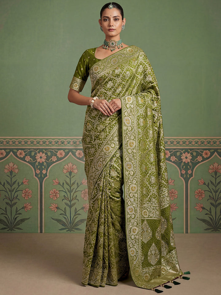 Glowing Olive Green Zari Weaving Silk Festival Wear  Saree with Blouse