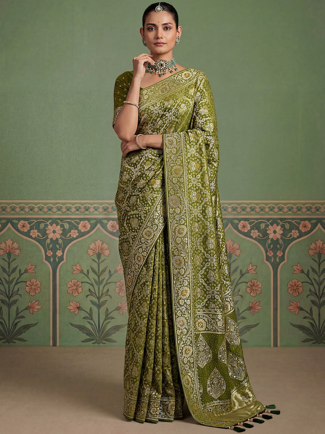 Glowing Olive Green Zari Weaving Silk Festival Wear  Saree with Blouse