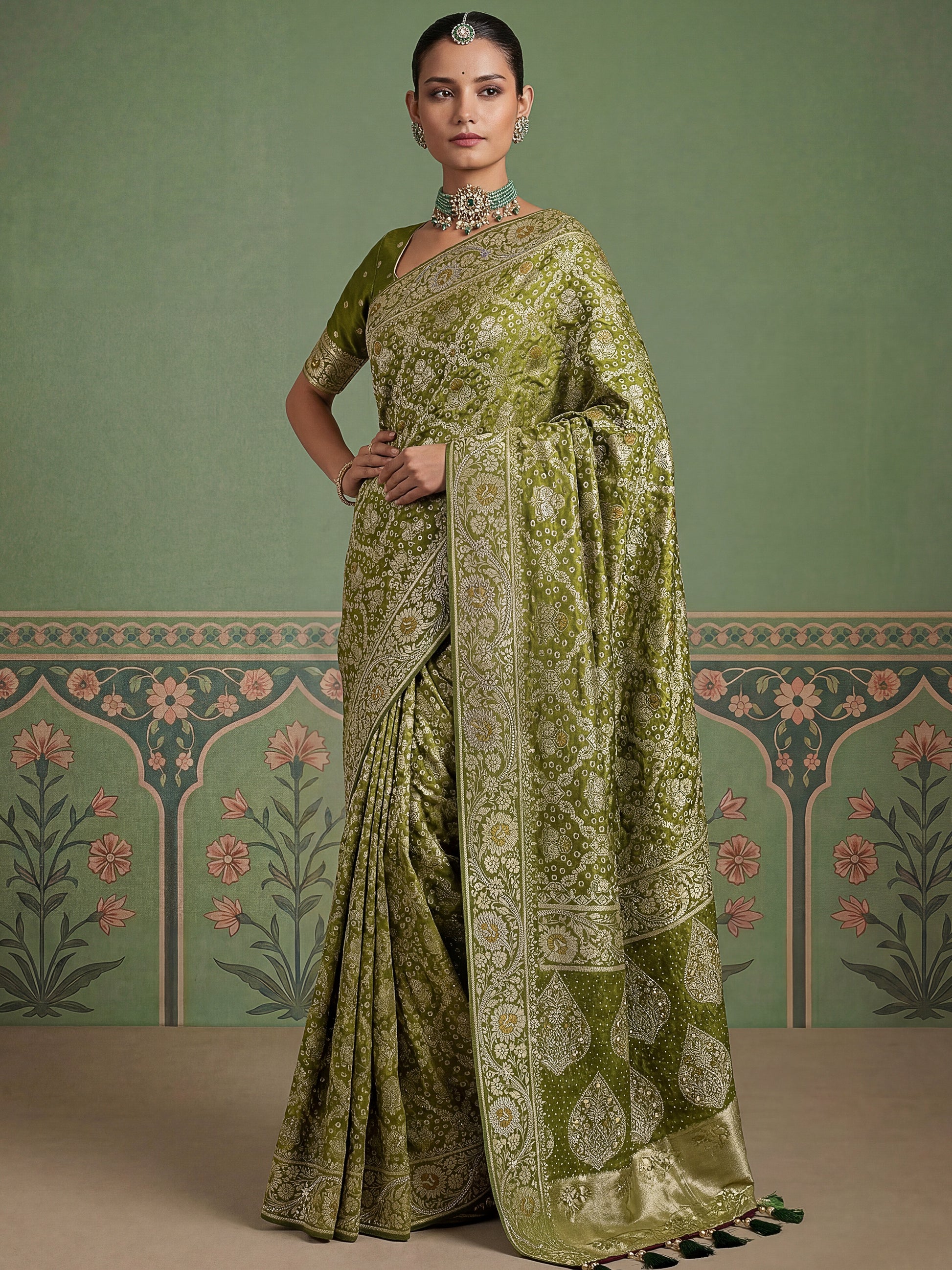 Glowing Olive Green Zari Weaving Silk Festival Wear  Saree with Blouse