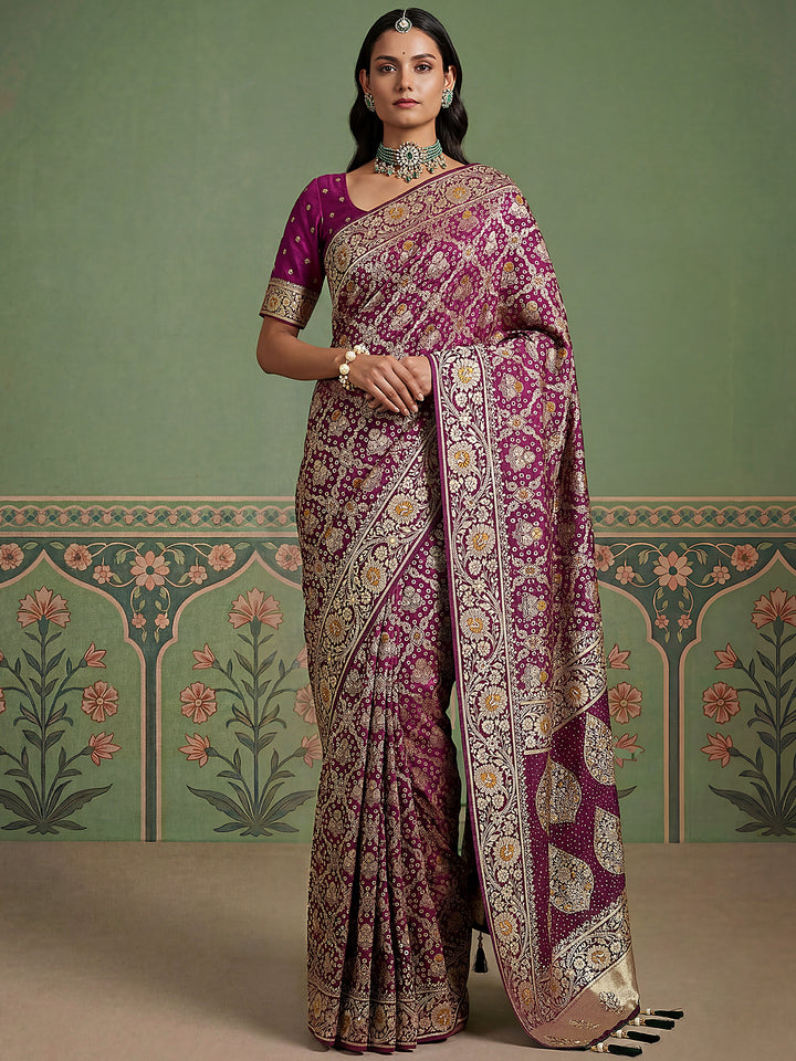 Wonderful Purple Zari Weaving Silk Wedding Wear Saree with Blouse