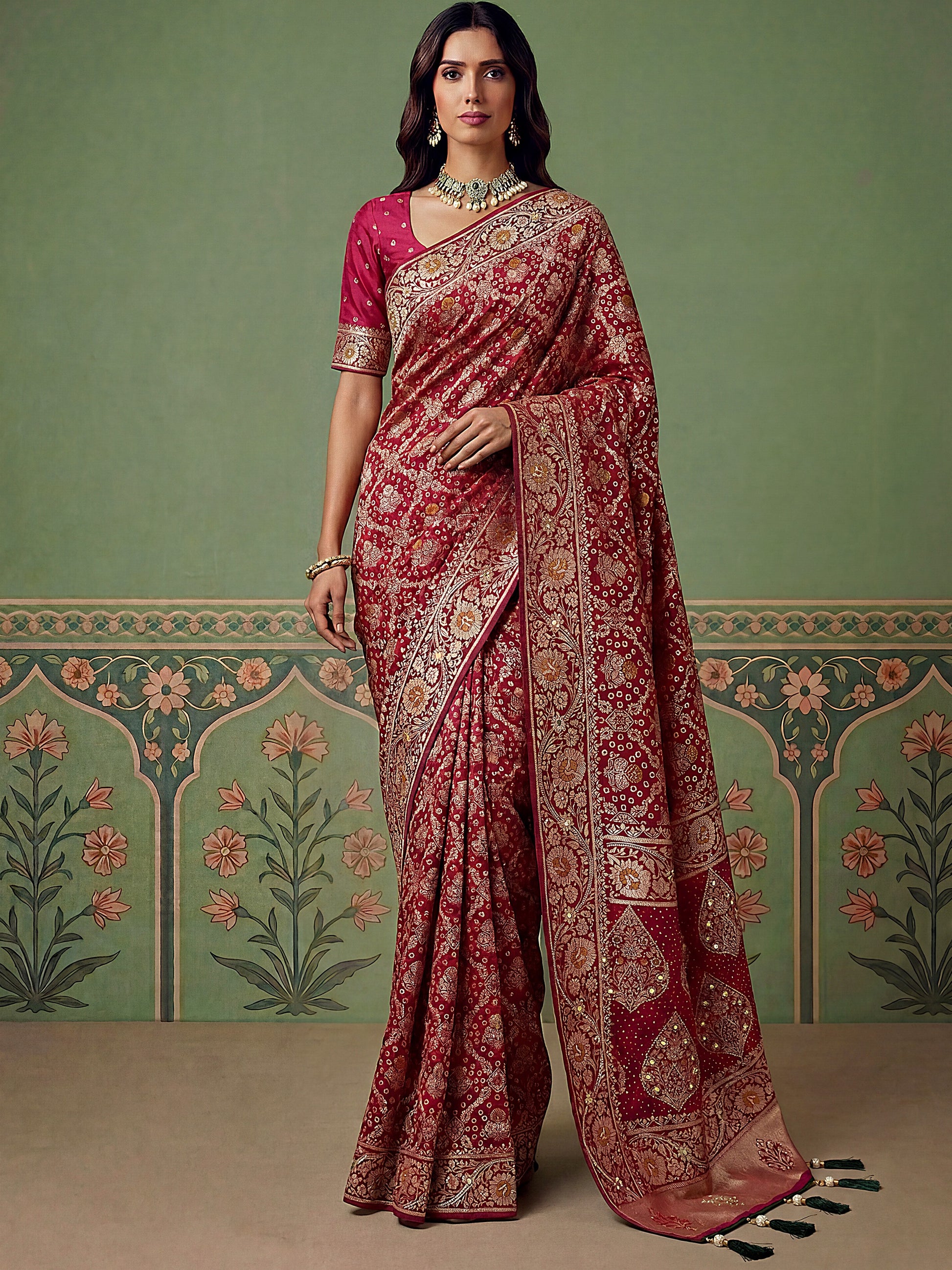 Awesome Rani Pink Zari Weaving Silk Festival Wear Saree with Blouse