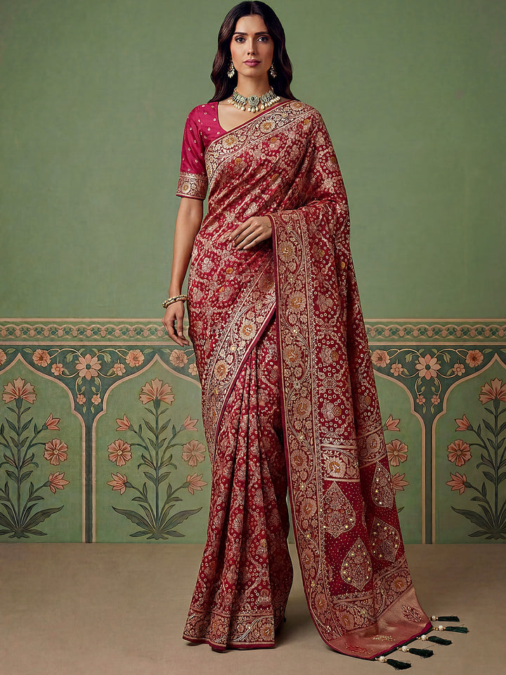 Awesome Rani Pink Zari Weaving Silk Festival Wear Saree with Blouse