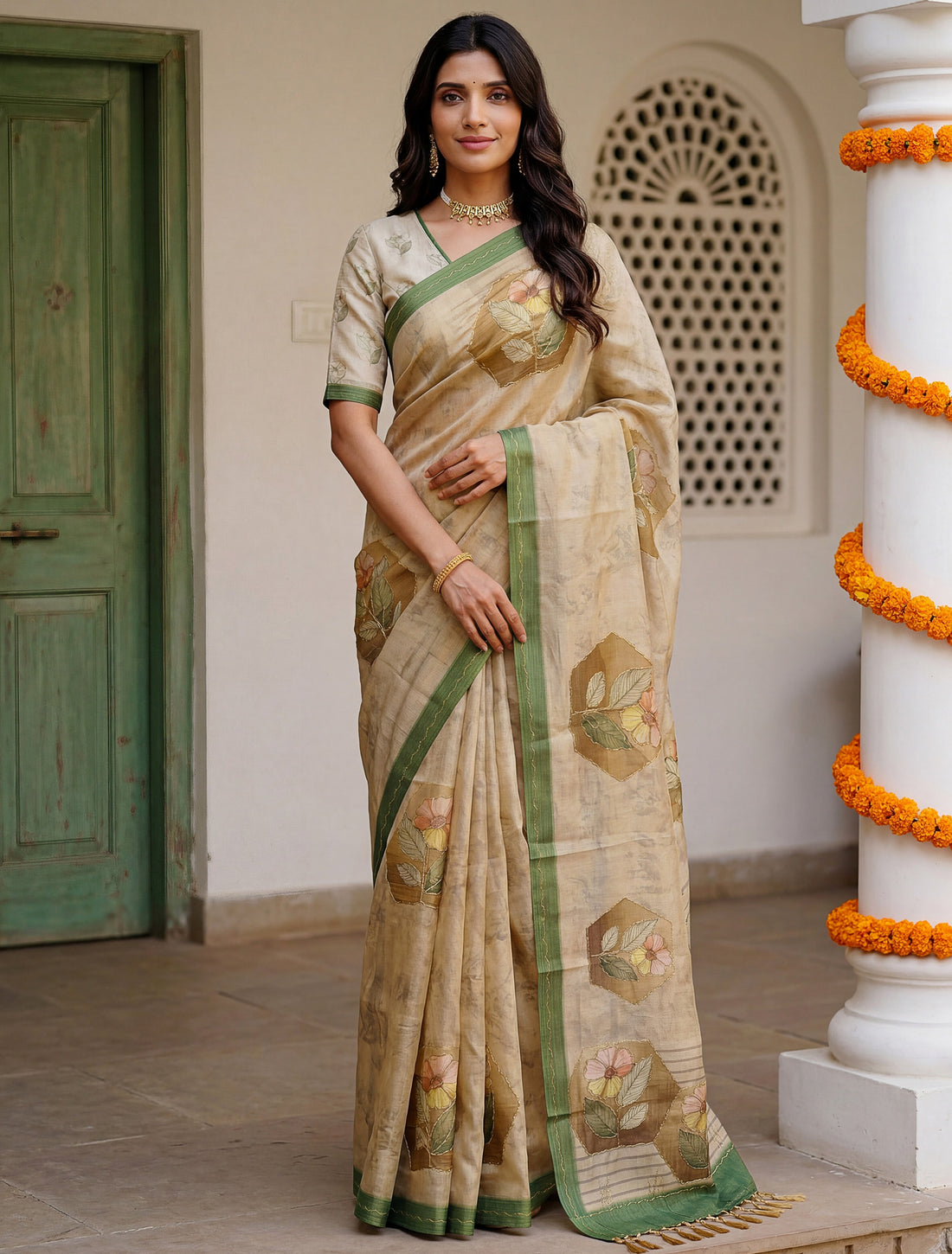 Beautiful Beige Dori Work Silk Function Wear Saree With Blouse