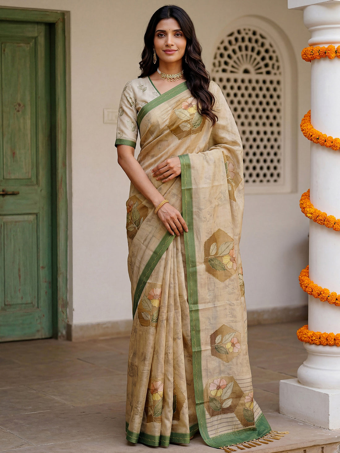 Beautiful Beige Dori Work Silk Function Wear Saree With Blouse