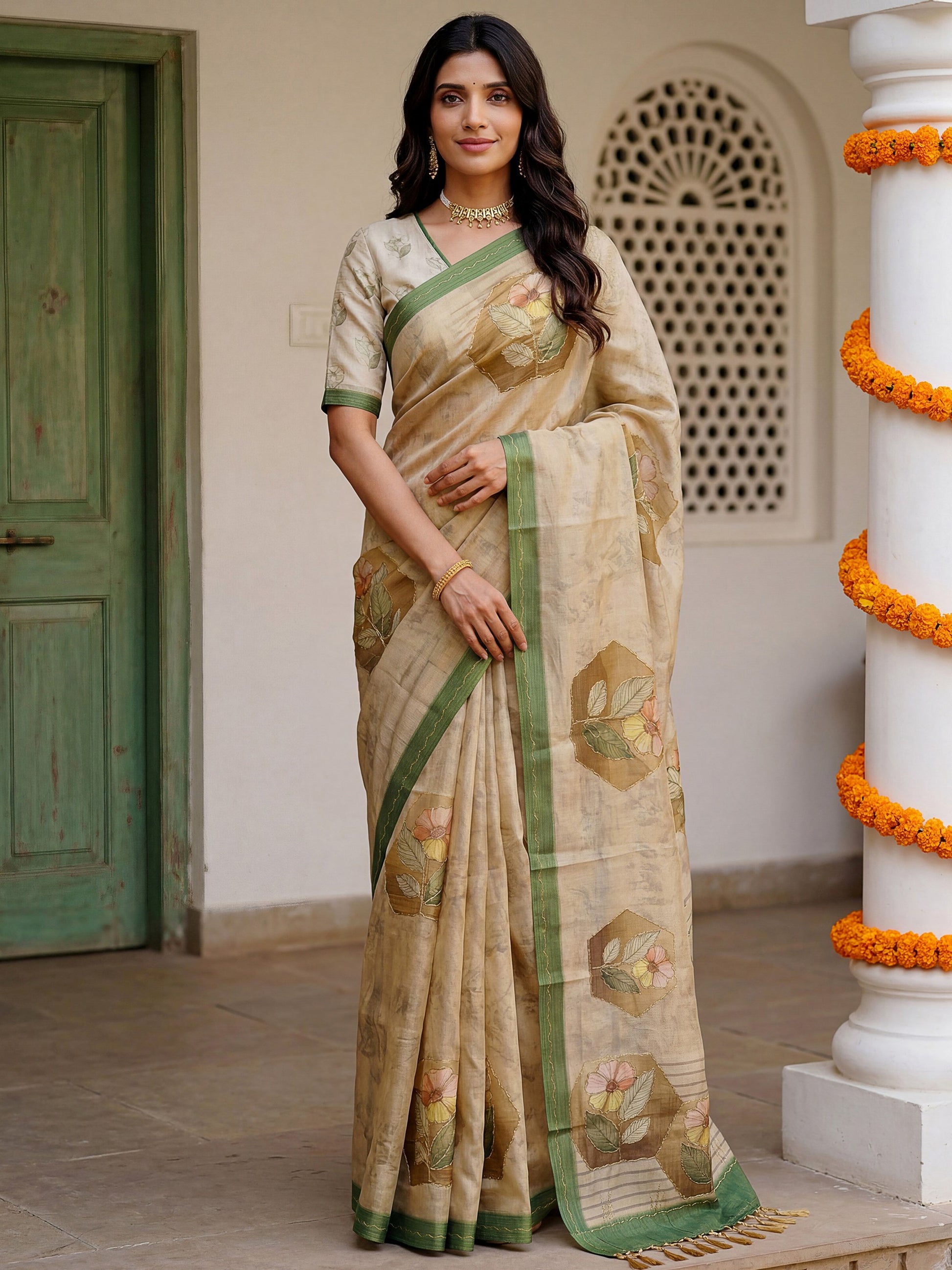 Beautiful Beige Dori Work Silk Function Wear Saree With Blouse