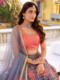 Adorable Grey Floral Embroidered Net Sangeet Wear Lehenga With Blouse