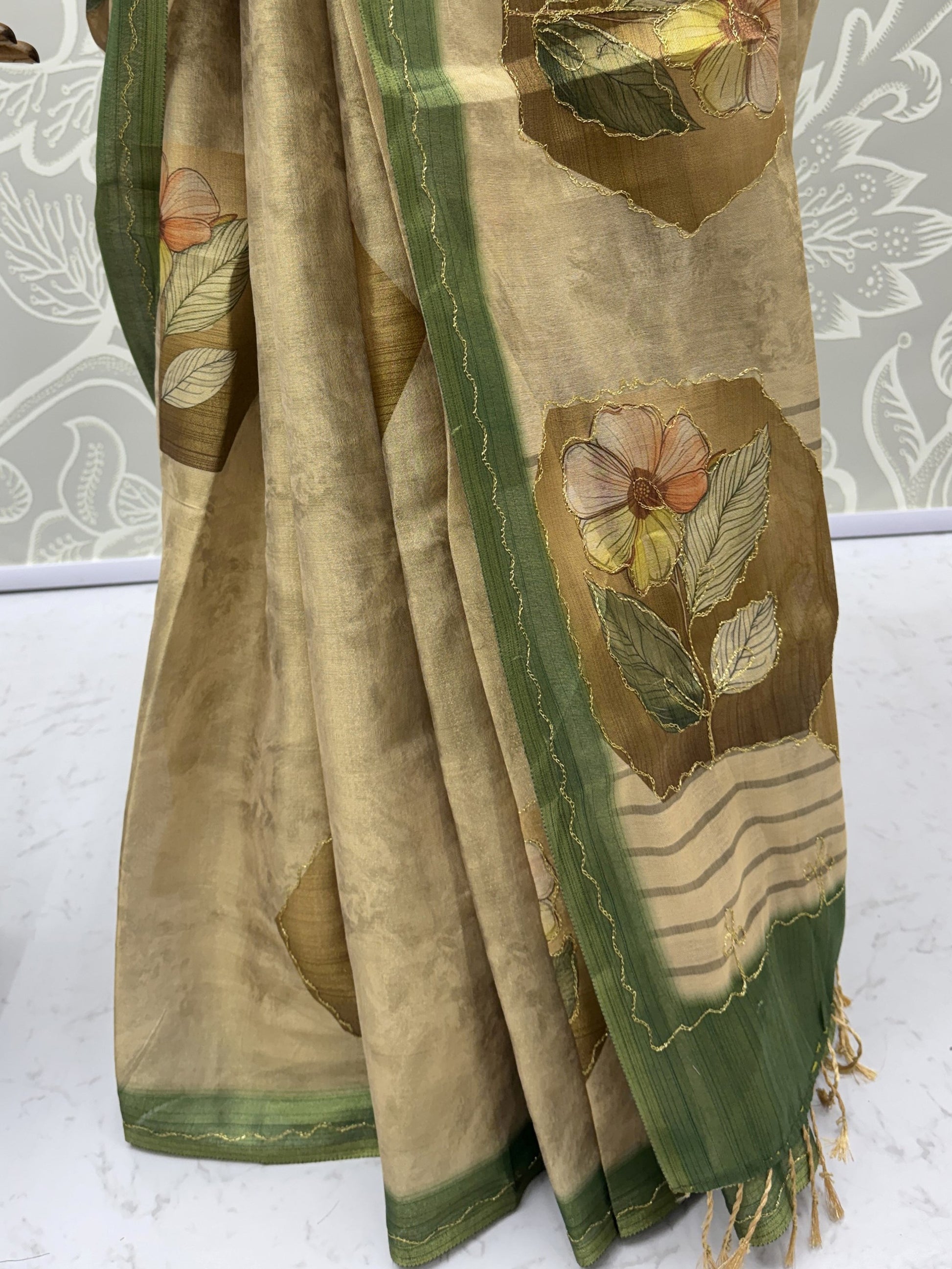 Beautiful Beige Dori Work Silk Function Wear Saree With Blouse