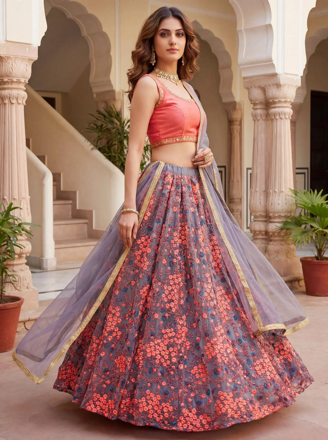 Impressive Grey Floral Embroidered Net Event Wear Lehenga Choli With Dupatta