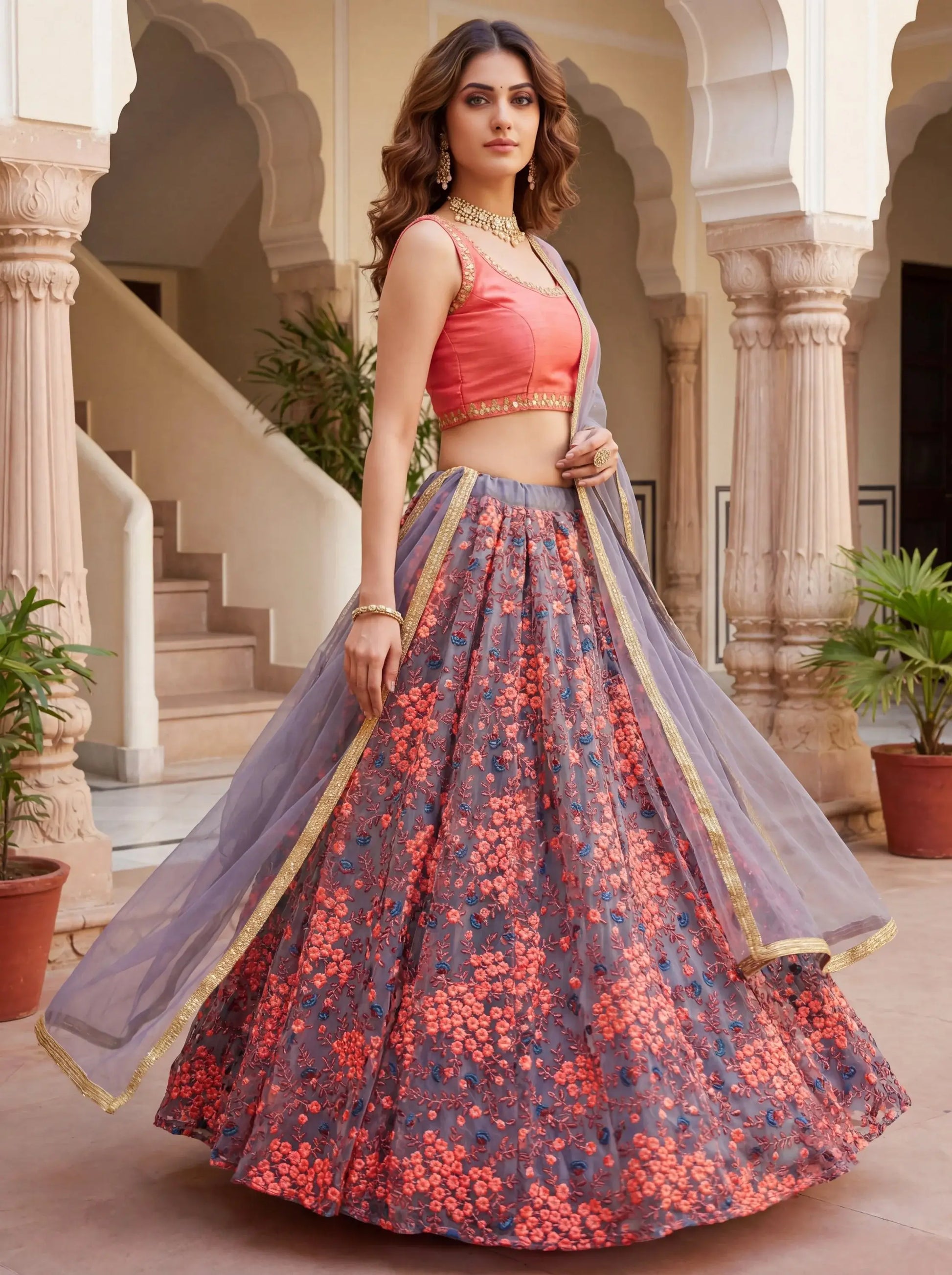 Impressive Grey Floral Embroidered Net Event Wear Lehenga Choli With Dupatta