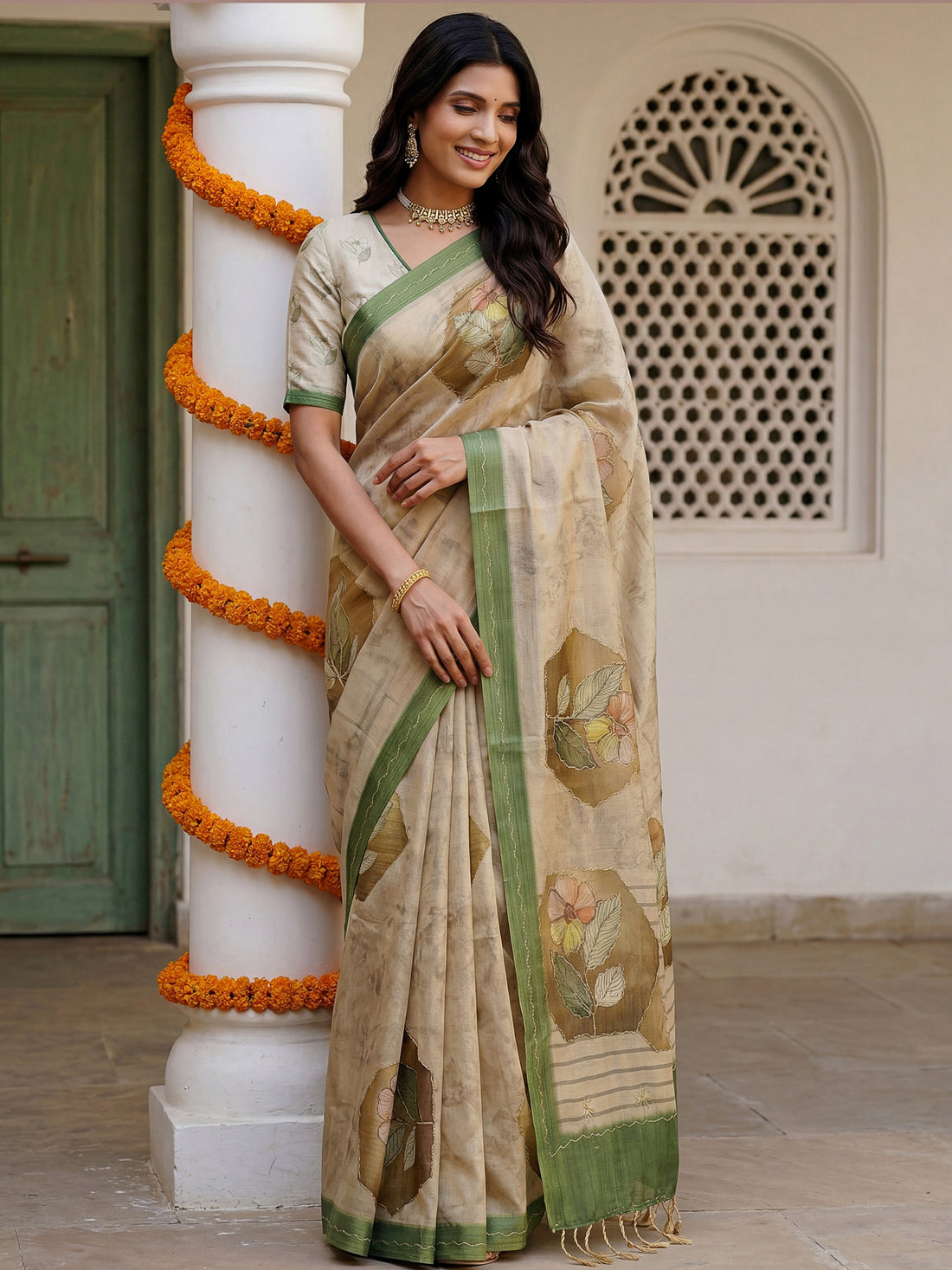 Beautiful Beige Dori Work Silk Function Wear Saree With Blouse
