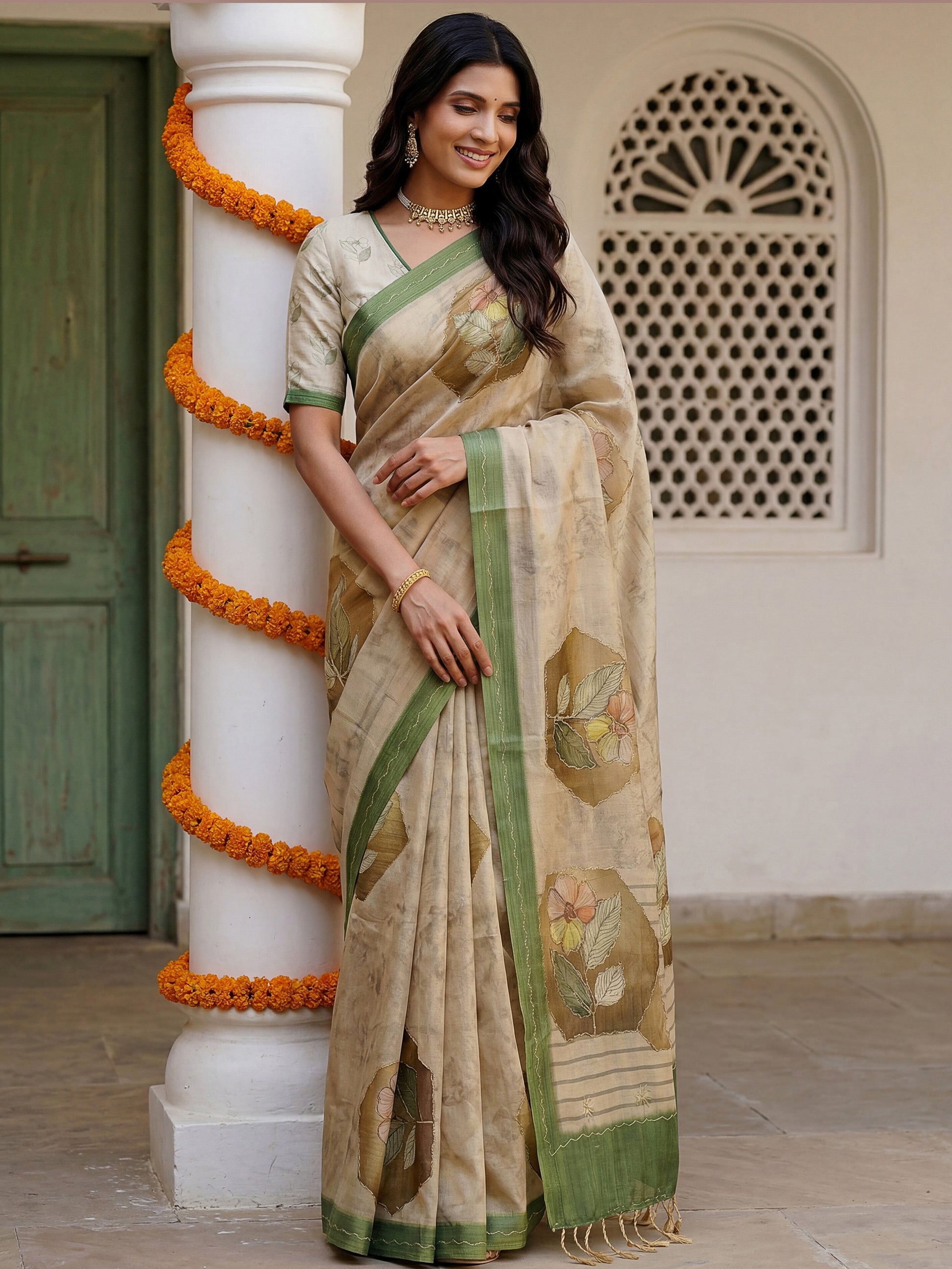 Beautiful Beige Dori Work Silk Function Wear Saree With Blouse