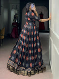 Attractive Black Digital Printed Chanderi Festive Wear Gown