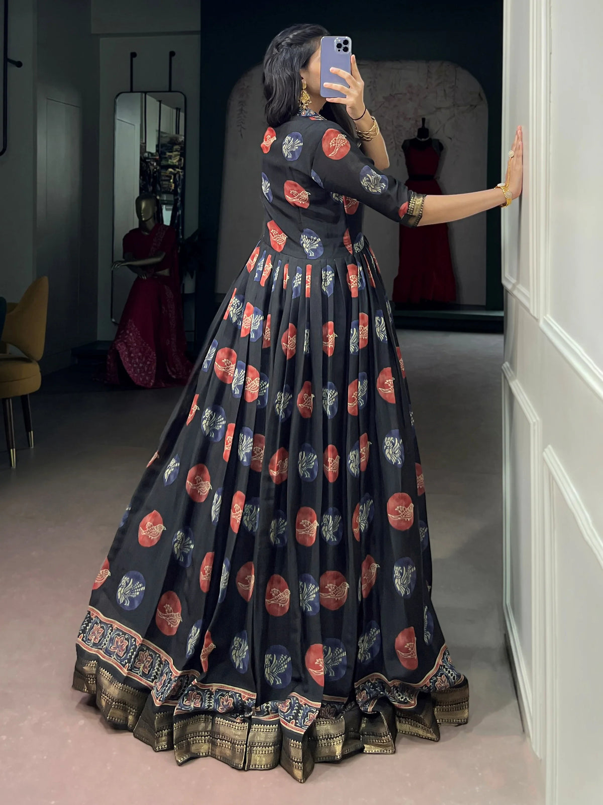 Attractive Black Digital Printed Chanderi Festive Wear Gown