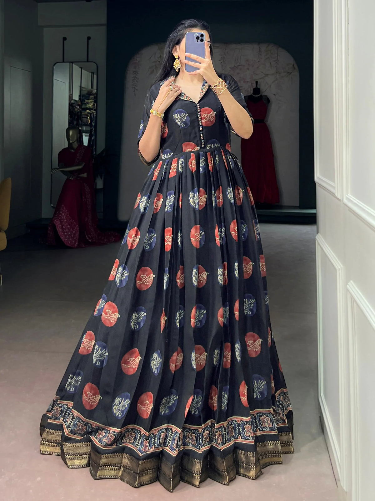 Attractive Black Digital Printed Chanderi Festive Wear Gown