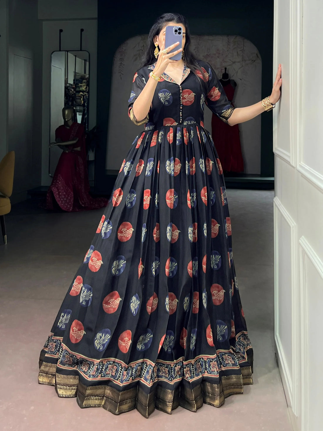 Attractive Black Digital Printed Chanderi Festive Wear Gown