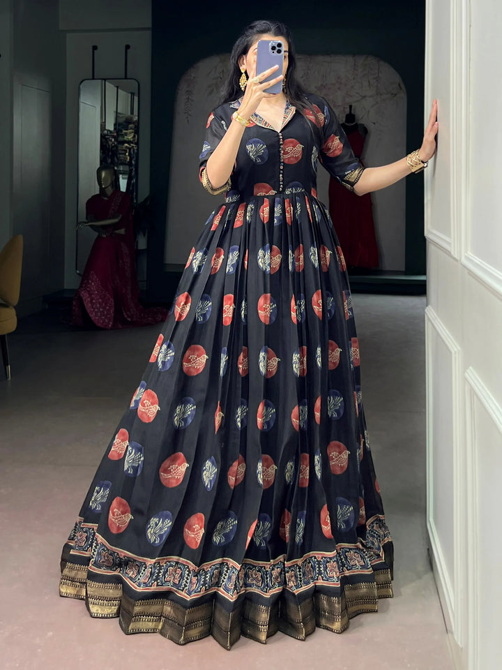 Attractive Black Digital Printed Chanderi Festive Wear Gown