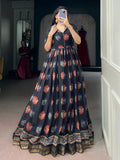 Attractive Black Digital Printed Chanderi Festive Wear Gown