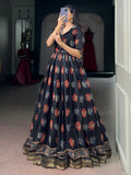 Attractive Black Digital Printed Chanderi Festive Wear Gown