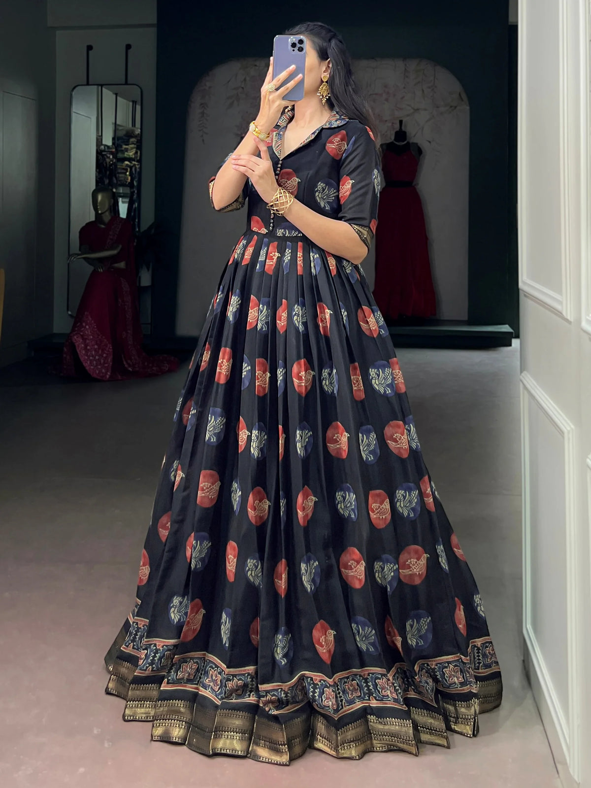Attractive Black Digital Printed Chanderi Festive Wear Gown
