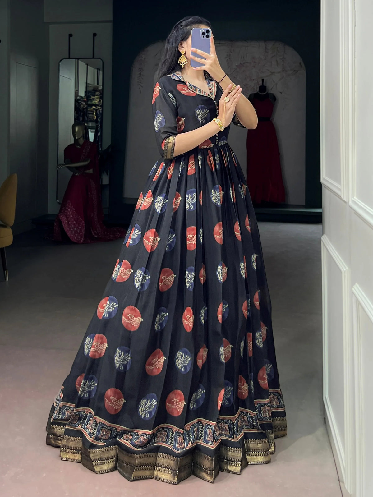 Attractive Black Digital Printed Chanderi Festive Wear Gown