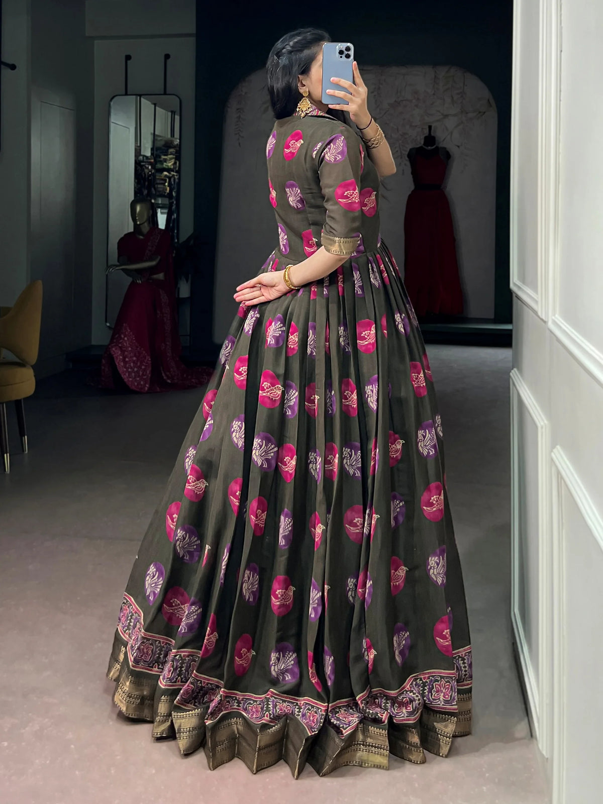 Wonderful Olive Green Digital Printed Chanderi Event Wear Gown